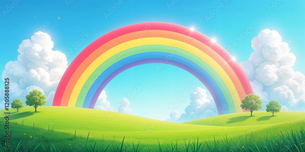 rainbow over green field cartoon background rainbow over green field cartoon background