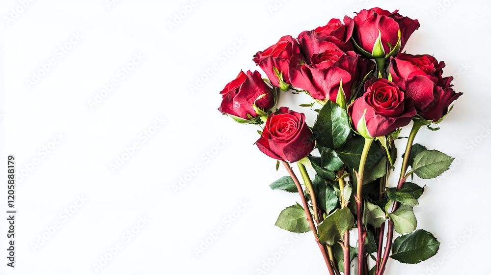 Fototapeta premium Bouquet of red roses on white background, perfect for Valentine's Day concept, with ample copy space for text and web design elements, ideal for romantic and elegant themes.