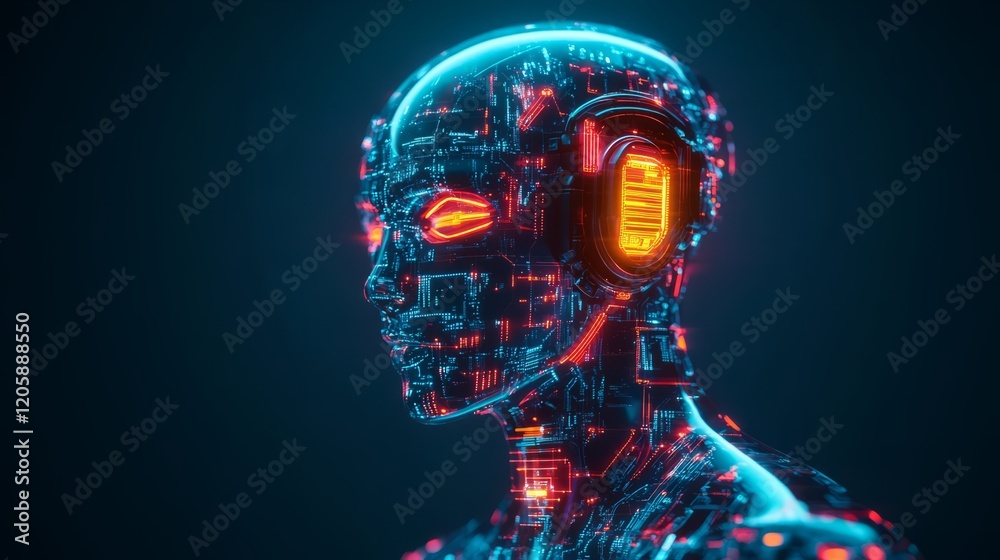 A digital humanoid with a transparent body, showing glowing circuits inside A digital humanoid with a transparent body, showing glowing circuits inside