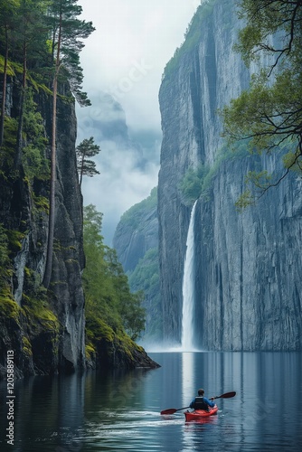Fototapeta Naklejka Na Ścianę i Meble -  Kayaker exploring serene fjord surrounded by towering cliffs and waterfall on quiet morning