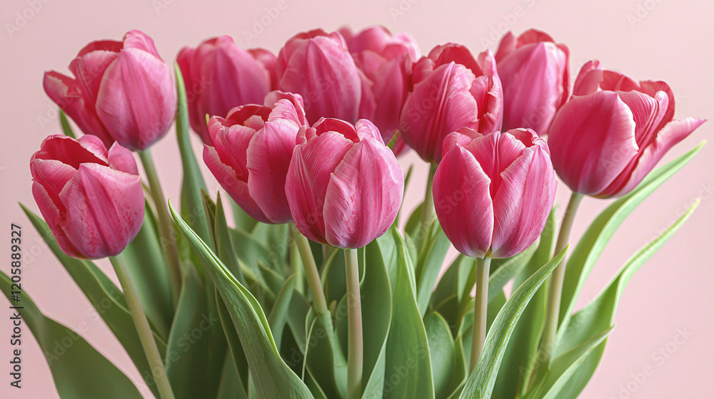 Vibrant pink tulips in a bouquet, elegantly displayed on a pale pink background, perfect for spring celebrations. Vibrant pink tulips in a bouquet, elegantly displayed on a pale pink background, perfect for spring celebrations.