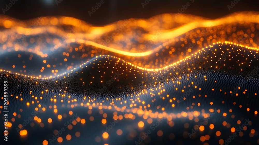 Abstract glowing orange particles forming wavy landscape Abstract glowing orange particles forming wavy landscape