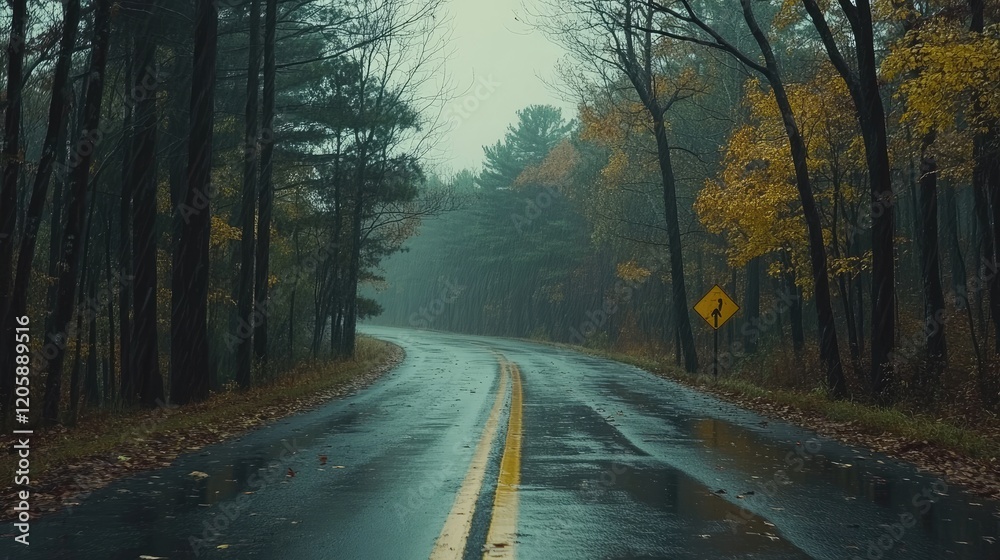 Fototapeta premium Rainy Road Winding Through Autumn Woods