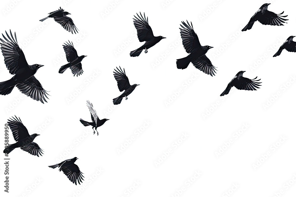 Obraz premium A mesmerizing display of black birds takes flight, their wings spread wide as they ascend into the clear morning sky, embodying freedom and movement