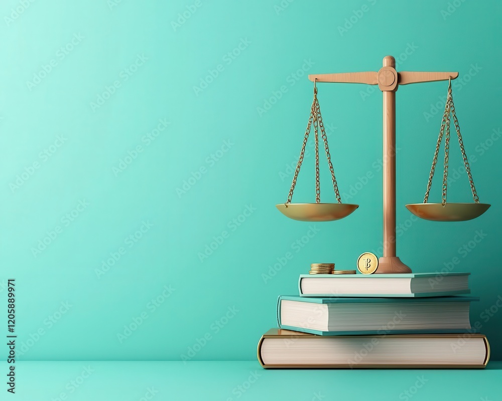 Economic policy balance, scales with law books and coins, artistic balance, 3D illustration Economic policy balance, scales with law books and coins, artistic balance, 3D illustration