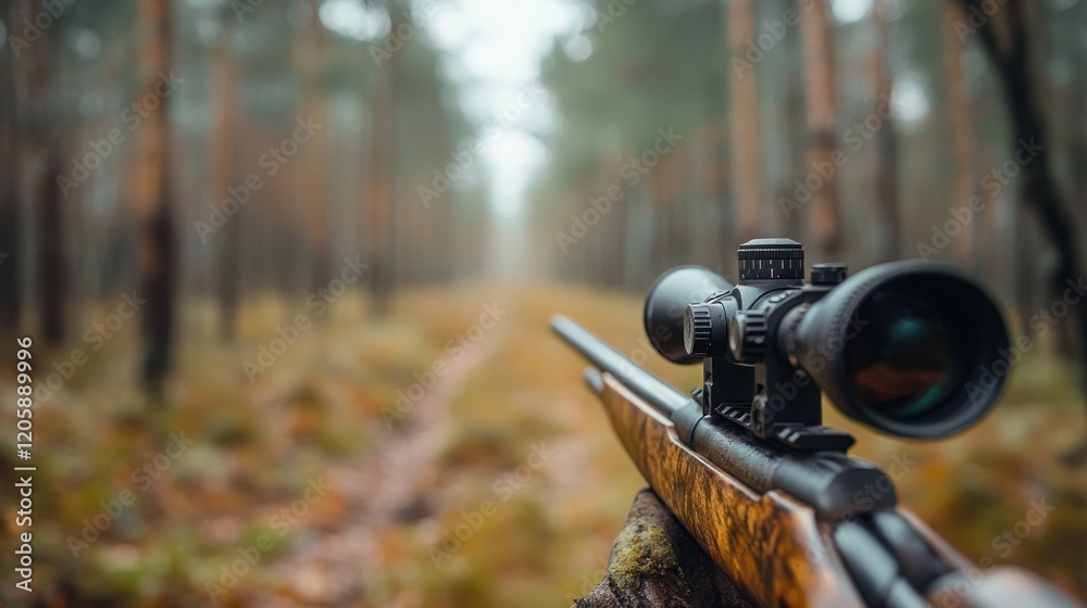 A rifle with a scope is aimed down a misty forest path, suggesting hunting or wildlife observation. A rifle with a scope is aimed down a misty forest path, suggesting hunting or wildlife observation.