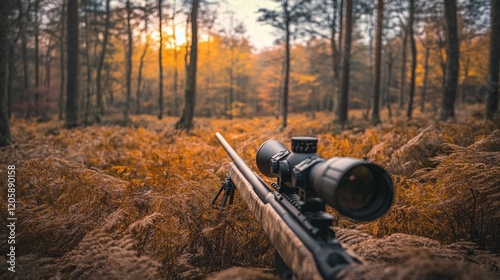 Wallpaper Mural A rifle with a scope positioned in a forest during autumn, emphasizing hunting or shooting. Torontodigital.ca