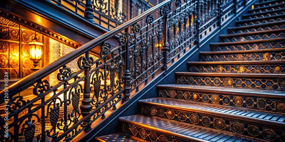 Obraz premium Elegant Black Metal Staircase with Intricate Pattern - Architectural Detail Stock Photo