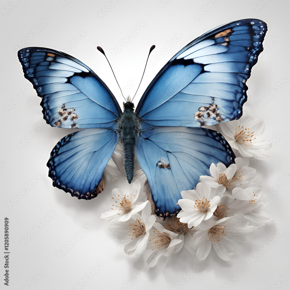 Fototapeta premium A beautiful blue butterfly perched on delicate white flowers, symbolizing elegance and the serenity of nature in a soft and vibrant composition.