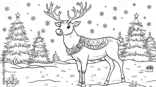 Printable line art of a reindeer with a decorated harness in a snowy winter scene