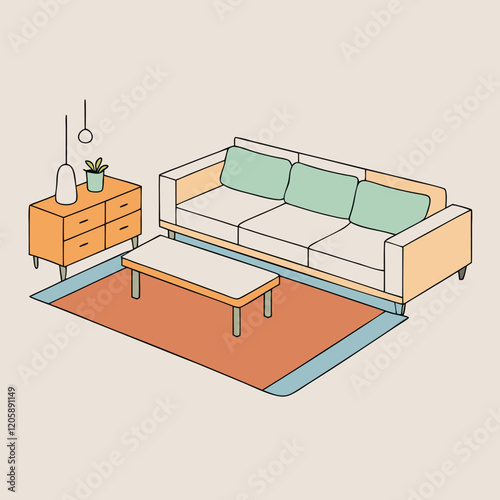 Airy Scandinavian living room with a low-profile sectional sofa, a wool area rug, and a minimalist wooden coffee table for a modern, cozy aesthetic