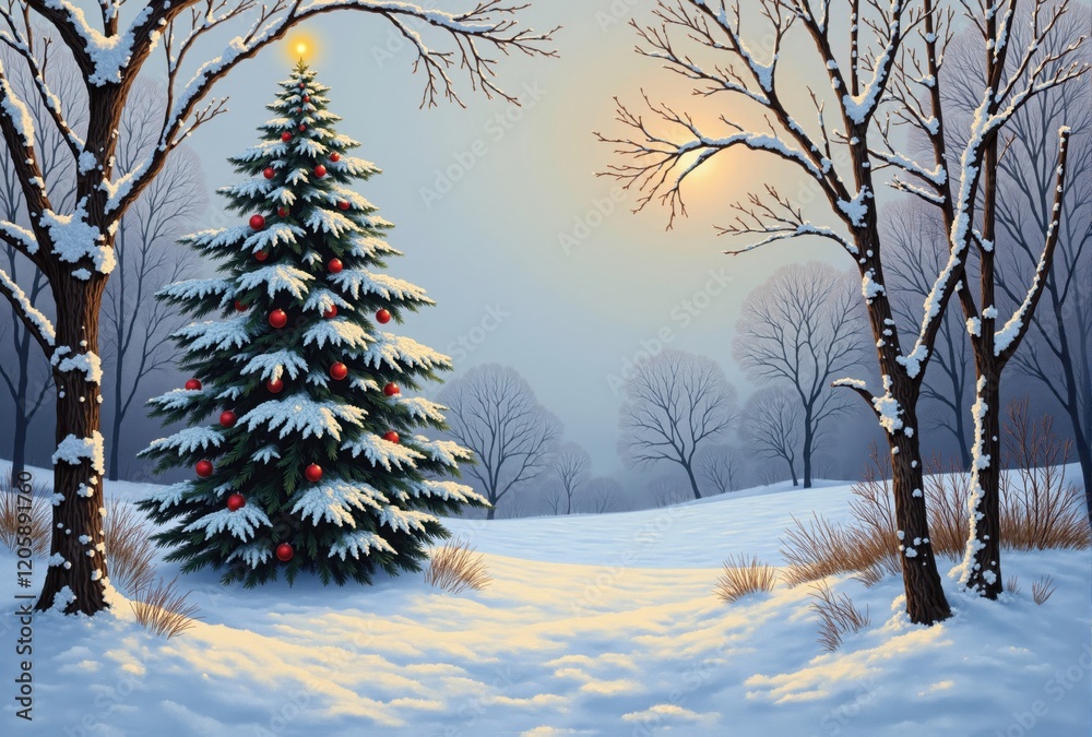 Fototapeta premium Snow-Covered Christmas Tree in Winter Landscape
