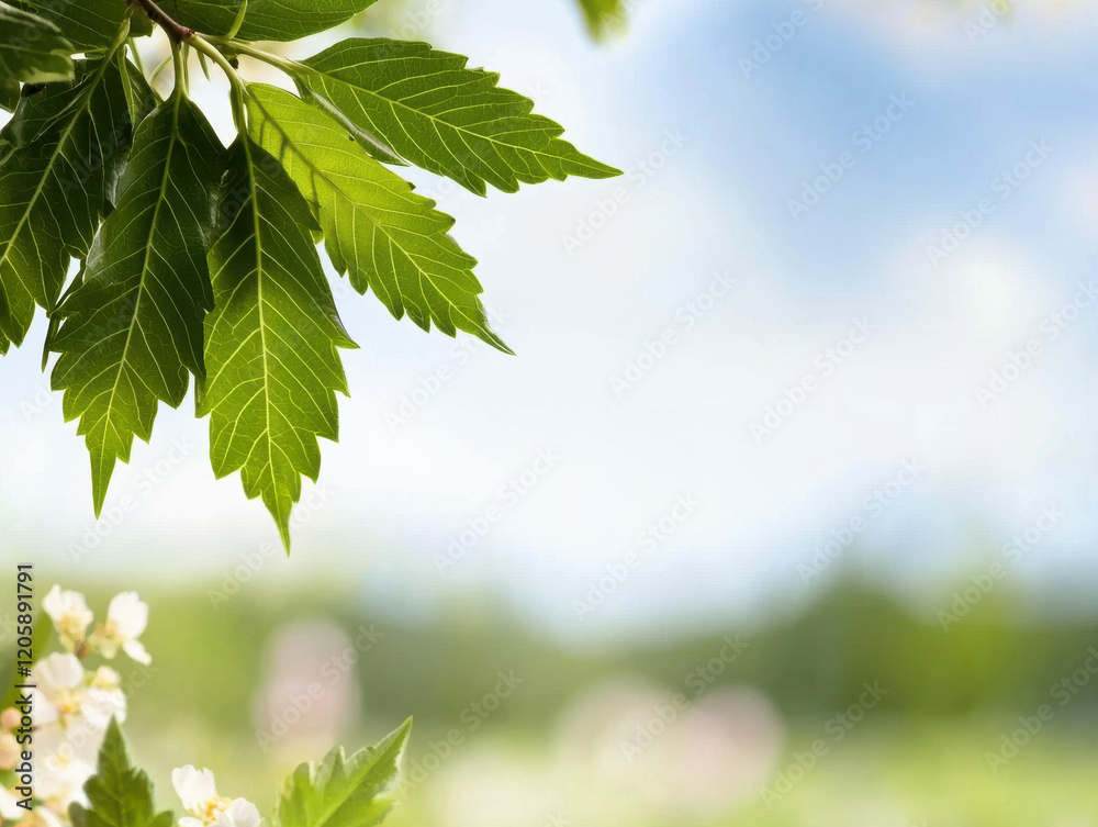 Fresh green leaves in sharp focus against blurred background, evoking tranquility and nature beauty Fresh green leaves in sharp focus against blurred background, evoking tranquility and nature beauty