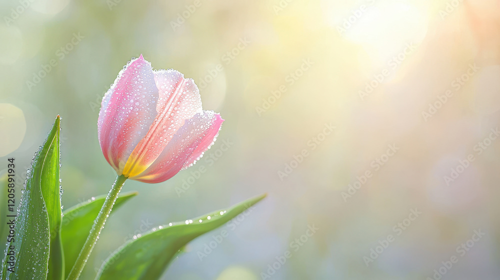 Naklejka premium dew covered tulip in sharp focus, surrounded by soft, blurred background, evokes sense of tranquility and beauty