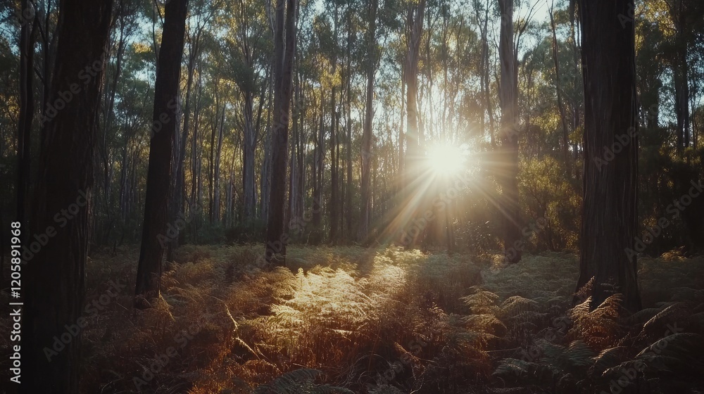 Fototapeta premium Sunlit Forest Floor Golden Rays Illuminate Ferns