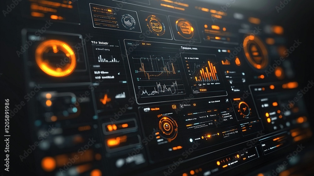 Fototapeta premium Futuristic control panel displaying data analytics in dark room