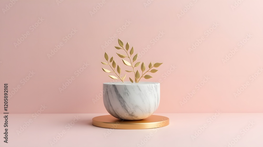 Elegant Gold Leaf Plant in Marble Bowl on Pink Background Elegant Gold Leaf Plant in Marble Bowl on Pink Background