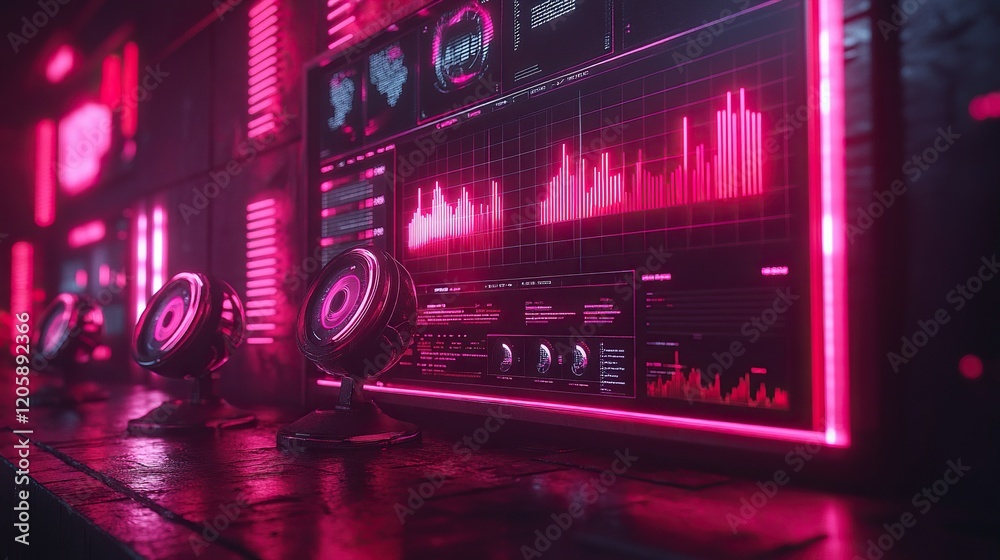 Futuristic control room with glowing screens displaying data visualizations Futuristic control room with glowing screens displaying data visualizations