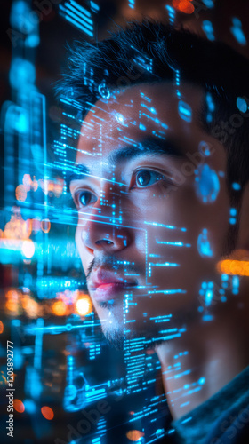 Skilled Asian programmer examining holographic interface, processing complex source code and digital data visualization