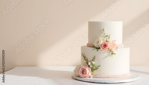Elegant wedding cake with two tiers featuring white and soft pink floral decoration placed on a simple white stand