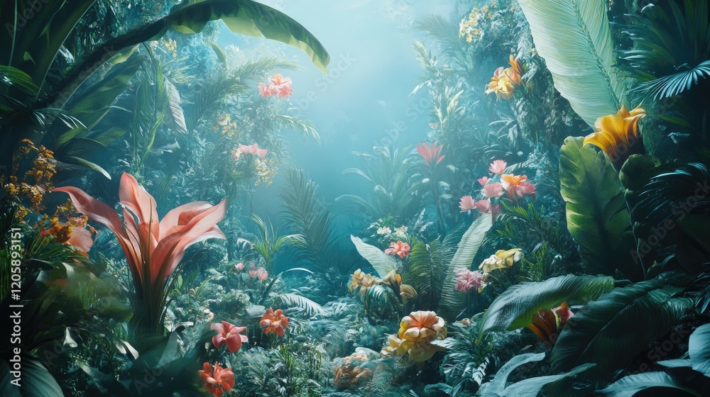 Fototapeta premium Lush Tropical Garden Scene With Vivid Flowers And Plants