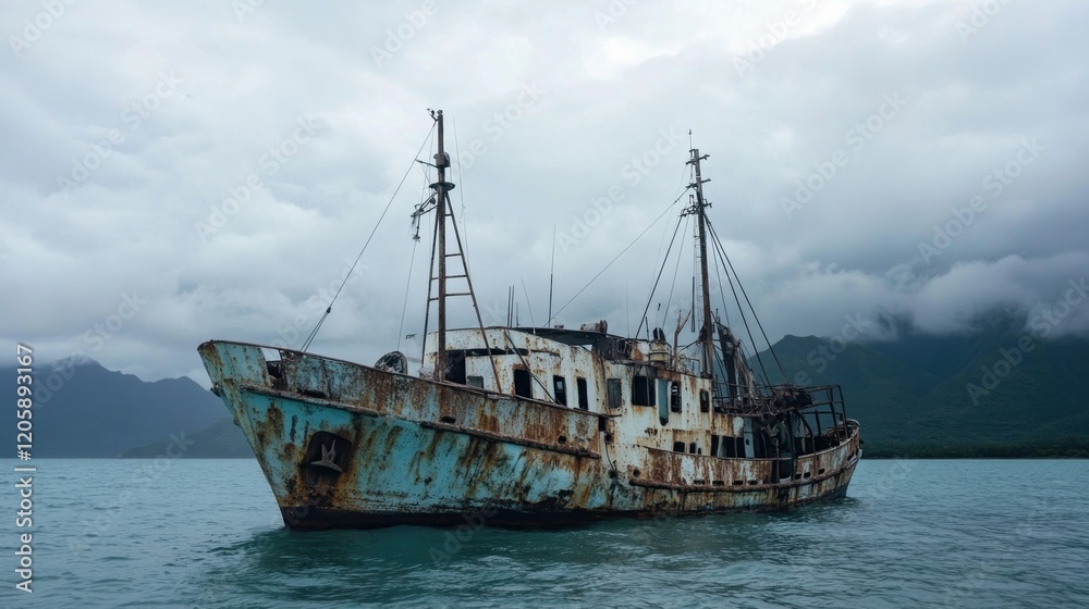A rusted shipwreck anchored in calm waters under a cloudy sky. A rusted shipwreck anchored in calm waters under a cloudy sky.