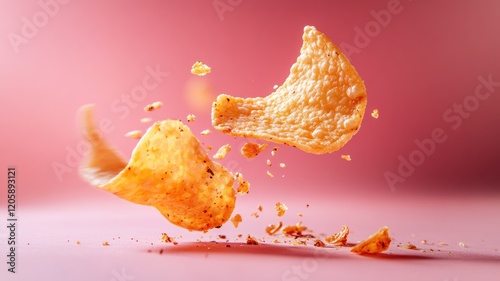 Close-up of potato chips in mid-air against pink backdrop