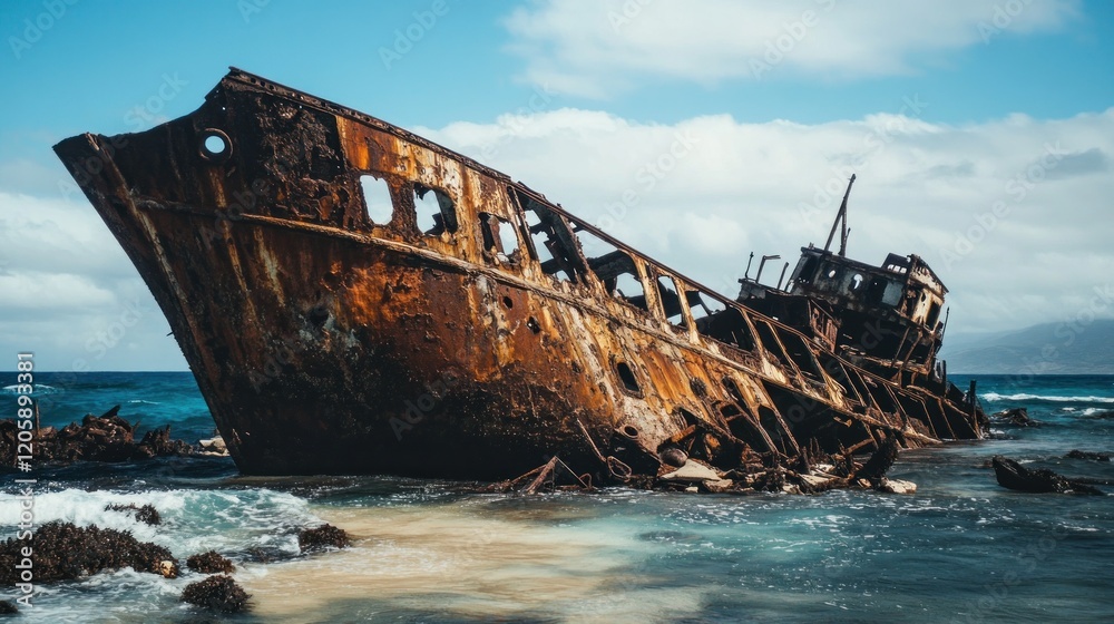 A rusted shipwreck lies on a beach, surrounded by water and rocky shoreline under a cloudy sky. A rusted shipwreck lies on a beach, surrounded by water and rocky shoreline under a cloudy sky.