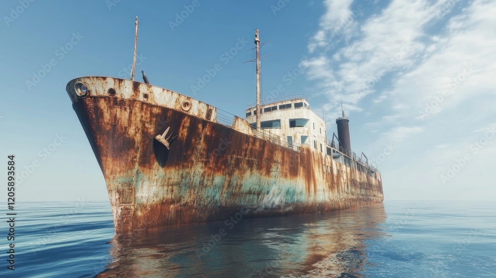 A rusted shipwreck partially submerged in calm waters under a clear sky. A rusted shipwreck partially submerged in calm waters under a clear sky.