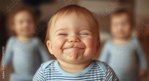 A baby with a cheerful smile sits in a blue striped outfit, enjoying a moment at home. Reflections of the same baby create a playful atmosphere filled with joy.