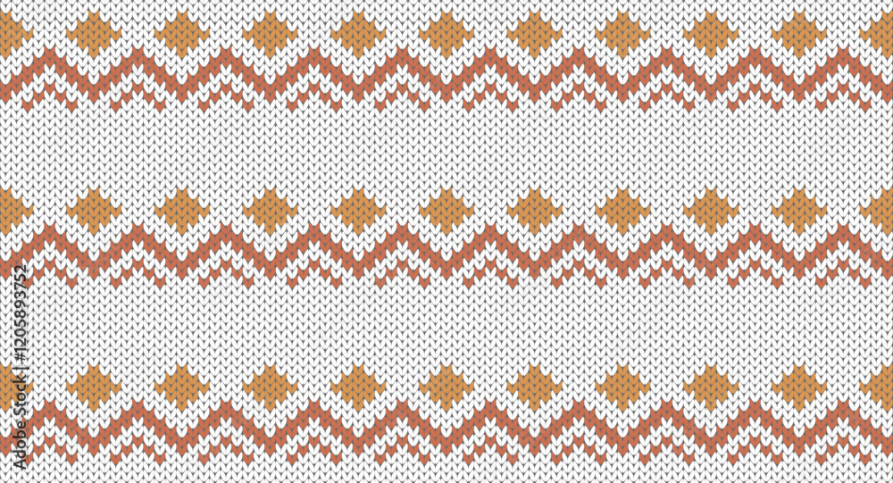 Yellow square and orange zigzag knitted design, Festive Sweater Design. Seamless Knitted Pattern