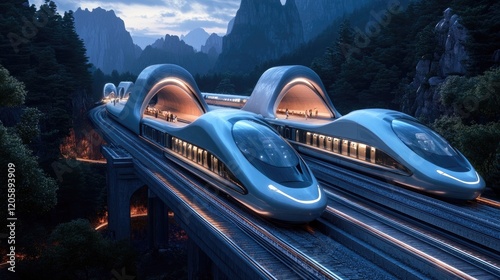 Futuristic High Speed Trains Travel Through Mountain Valley