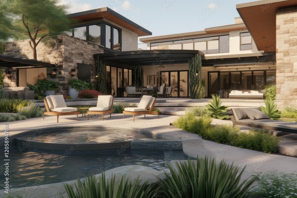 Fototapeta premium Modern Home Backyard Oasis Featuring Pool And Lounge Chairs
