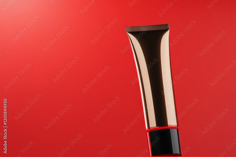 Smooth skin product in a golden tube against a vibrant red background showcasing modern beauty aesthetics Smooth skin product in a golden tube against a vibrant red background showcasing modern beauty aesthetics