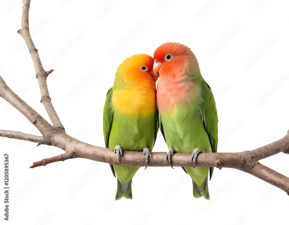 Fototapeta premium Two Lovebirds Perched on a Branch, Isolated Background