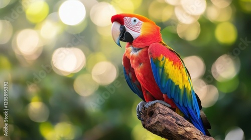 Colorful Scarlet Macaw perched on a branch.