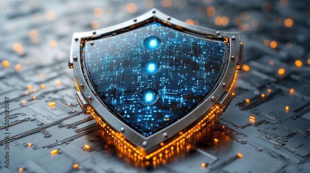 Obraz premium Layered shield icon with digital circuit patterns, [3D icon], [protection and technology].