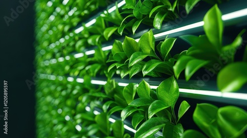 LEDpowered vertical gardens illuminating a dark city, green technology, urban agriculture innovation photo