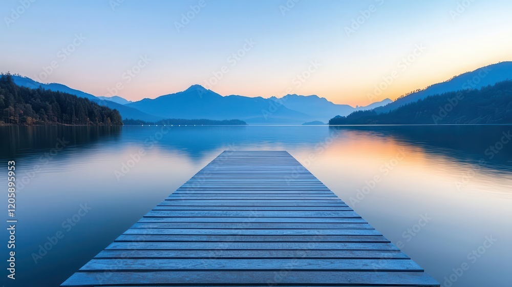 Fototapeta premium Floating solar farms on a calm lake at dawn, green technology, innovative renewable energy
