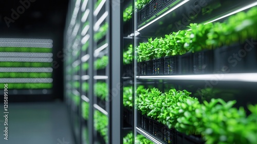 LEDpowered vertical gardens illuminating a dark city, green technology, urban agriculture innovation photo