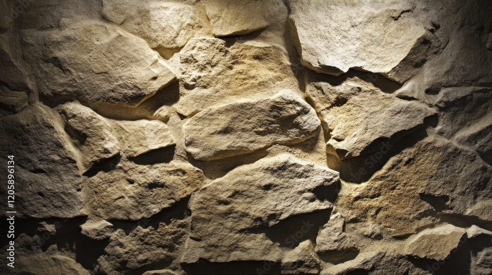 Naklejka premium A rough, natural stone surface with visible chisel marks, illuminated from the side to create depth and highlight the texture 