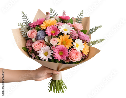 Hand holding a beautiful bouquet of mixed flowers in kraft paper.