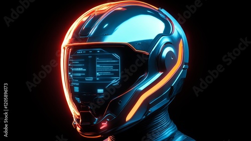 A futuristic helmet with holographic displays and neon accents, isolated on black  photo