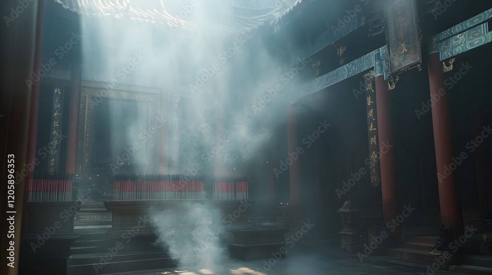 Fototapeta premium Sunlit Temple Hall Filled With Incense Smoke