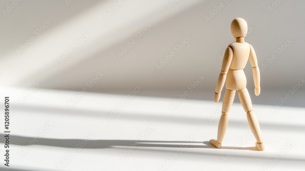 Wooden mannequin standing in bright light casting long shadow Wooden mannequin standing in bright light casting long shadow