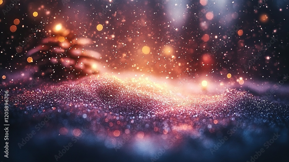 Obraz premium Glittering snowdrift, blurred fir tree, festive bokeh lights in winter forest