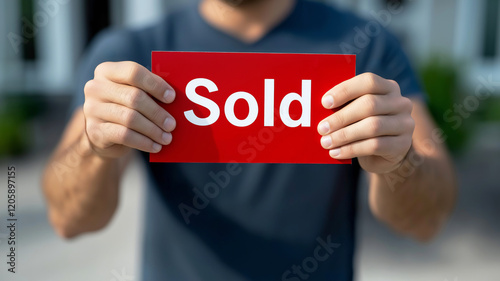 Hands holding red sold sign for real estate. Successful property sale and ownership transfer.   