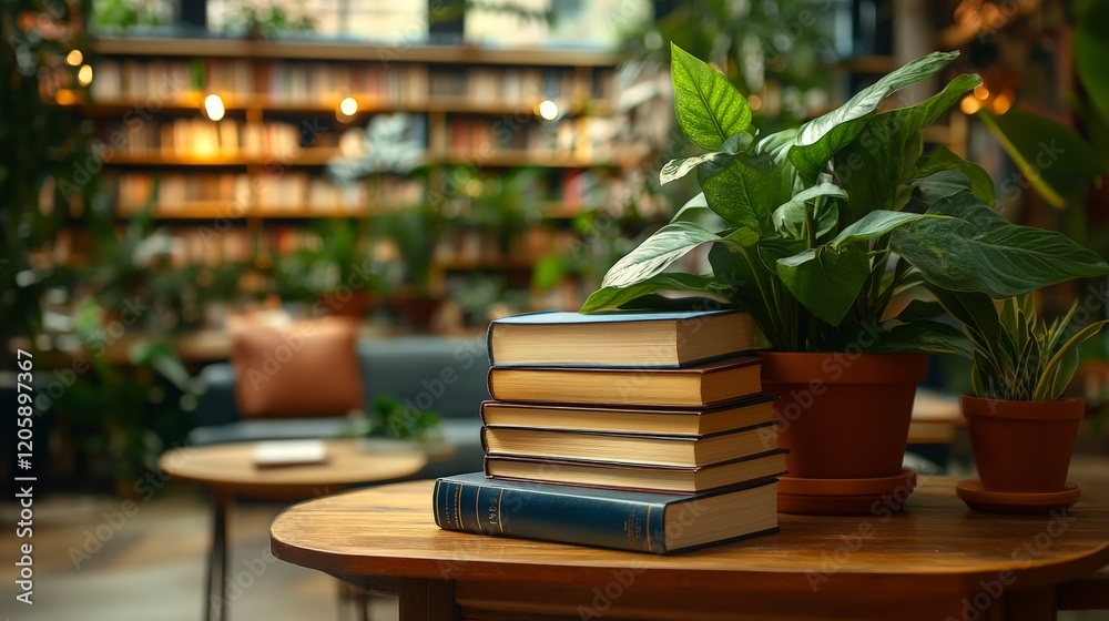 Stacks of books with potted plants in a bookstore cafe, symbolizing learning, leisure, and a cozy atmosphere. Great for lifestyle and educational content. Stacks of books with potted plants in a bookstore cafe, symbolizing learning, leisure, and a cozy atmosphere. Great for lifestyle and educational content.