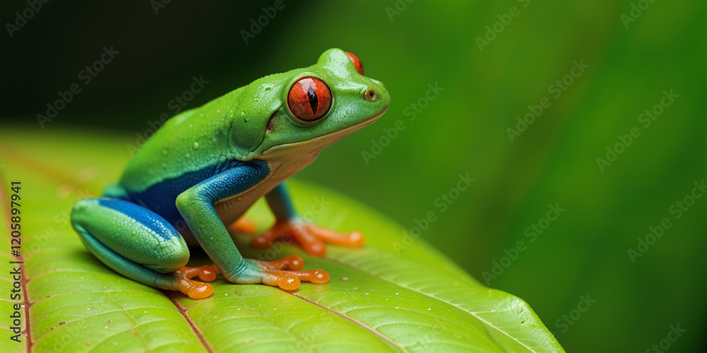 Obraz premium A green frog on a leaf at Rainey day