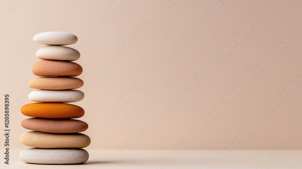 Balanced stack of multicolored smooth stones on plain background Balanced stack of multicolored smooth stones on plain background